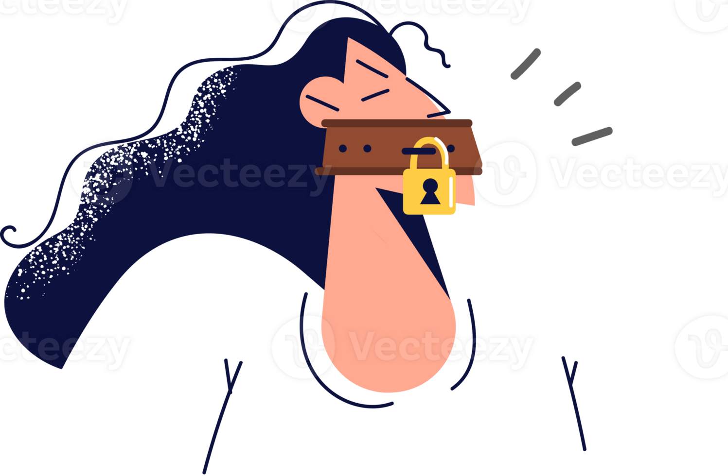 Woman with padlock near mouth to restrict freedom of speech and silence secret topics in news. Girl is trying to silence secret or is discriminated against and blocked due to unpopular opinion png