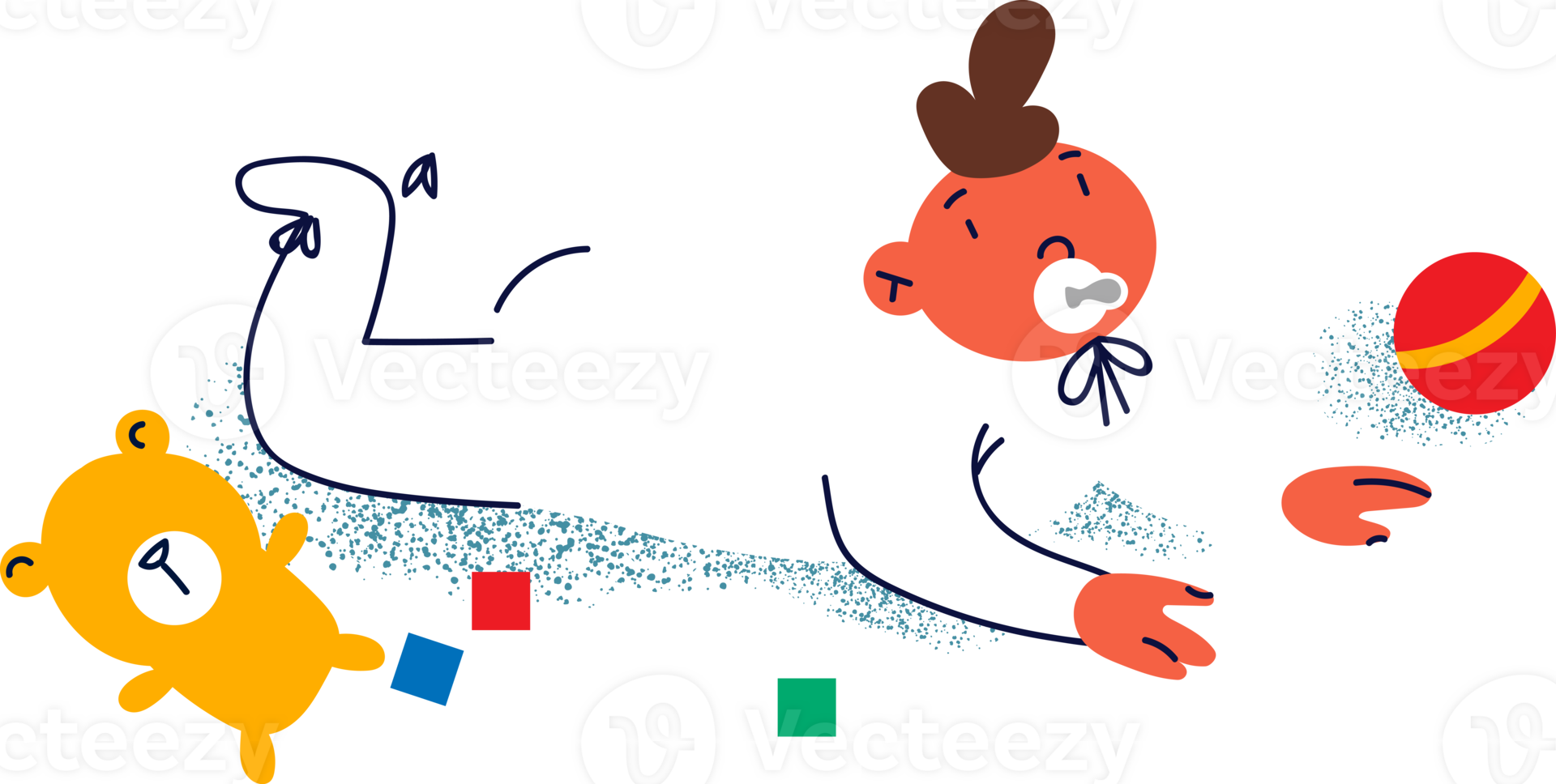 Newborn baby with pacifier in mouth crawls on floor among children toys and dangles legs. Concept of caring for newborn baby and helping young mother create comfortable environment for kid png