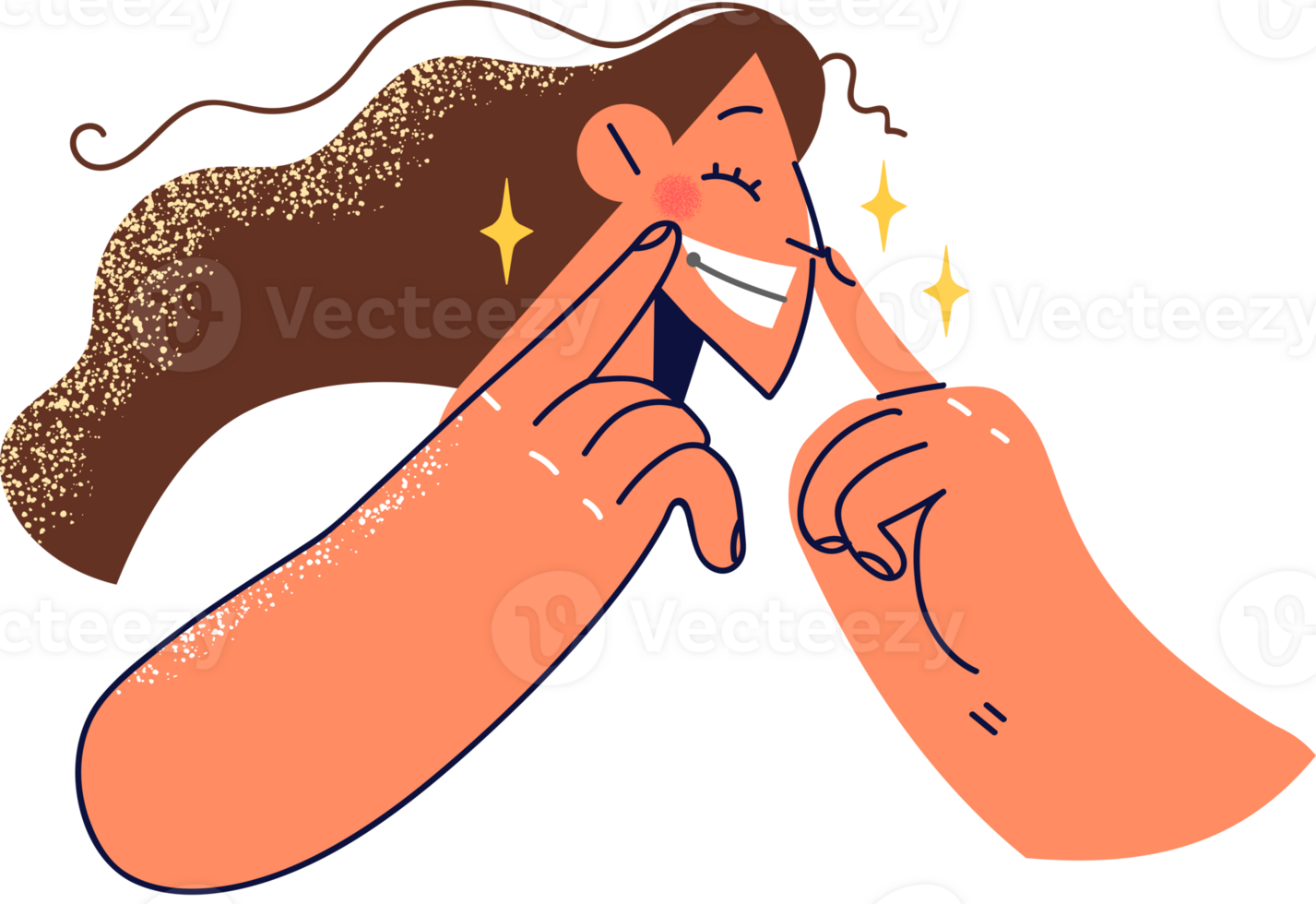 Woman with insincere smile tries to manipulate own emotions in order to show fake opinion about person or purchased product. Girl with fake smile hides real feeling and imitates laughter or joy png