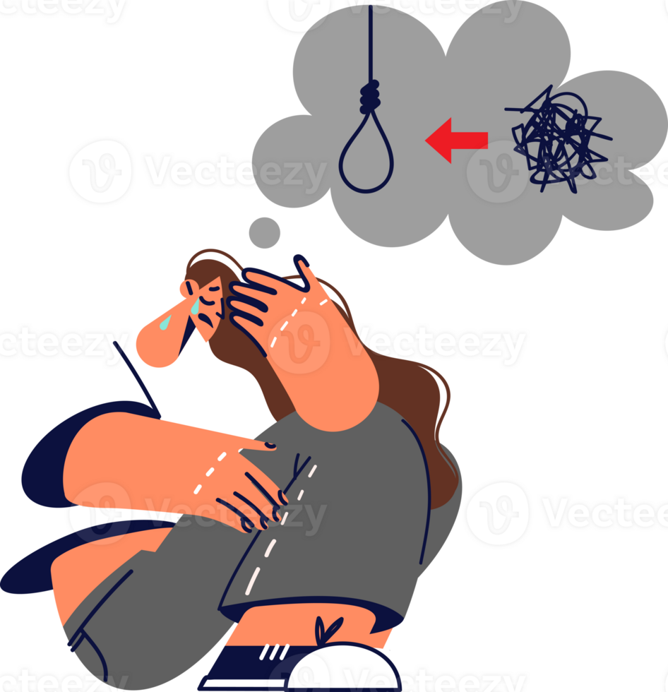 Depressed woman sits on ground contemplating suicide due to unresolved issues in personal life and career. unhappy girl feels confused and experiences psychological problems that can lead to suicide png
