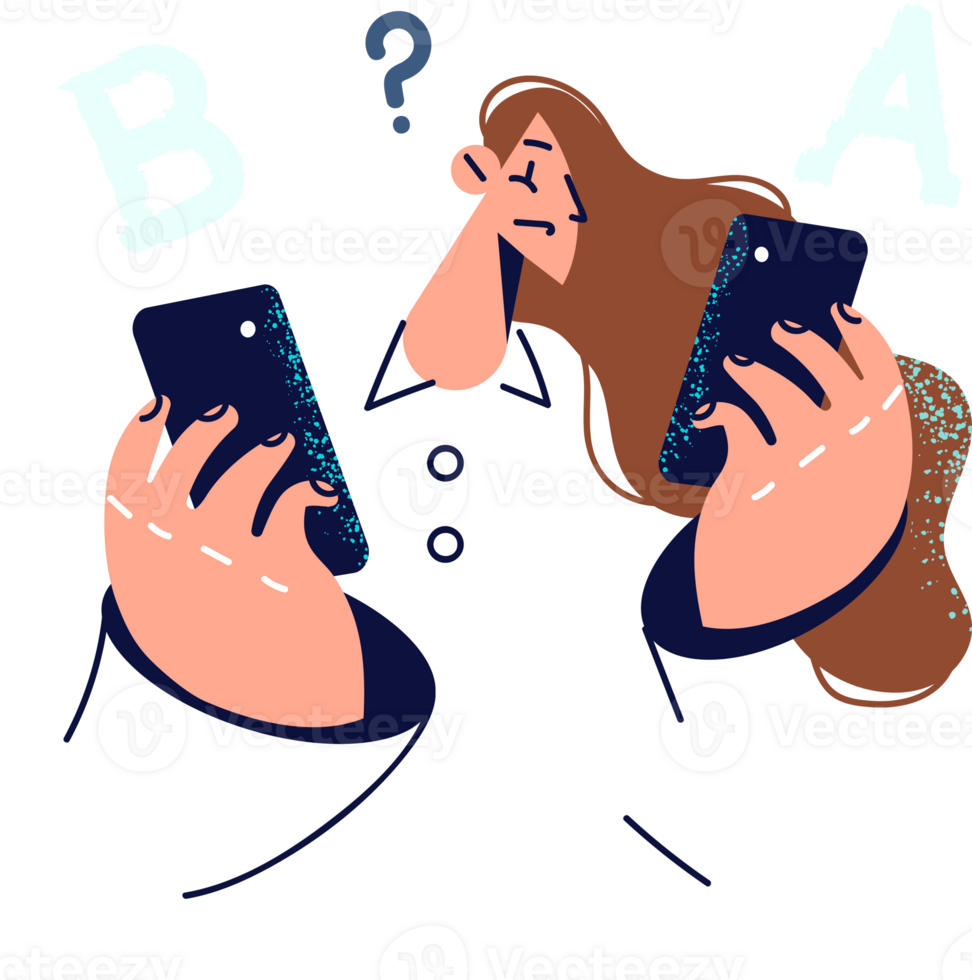 Woman with two mobile phones chooses gadget to buy and doubtfully examines different models with letters A and B. Embarrassed girl holds phones of various brands comparing technical specifications png