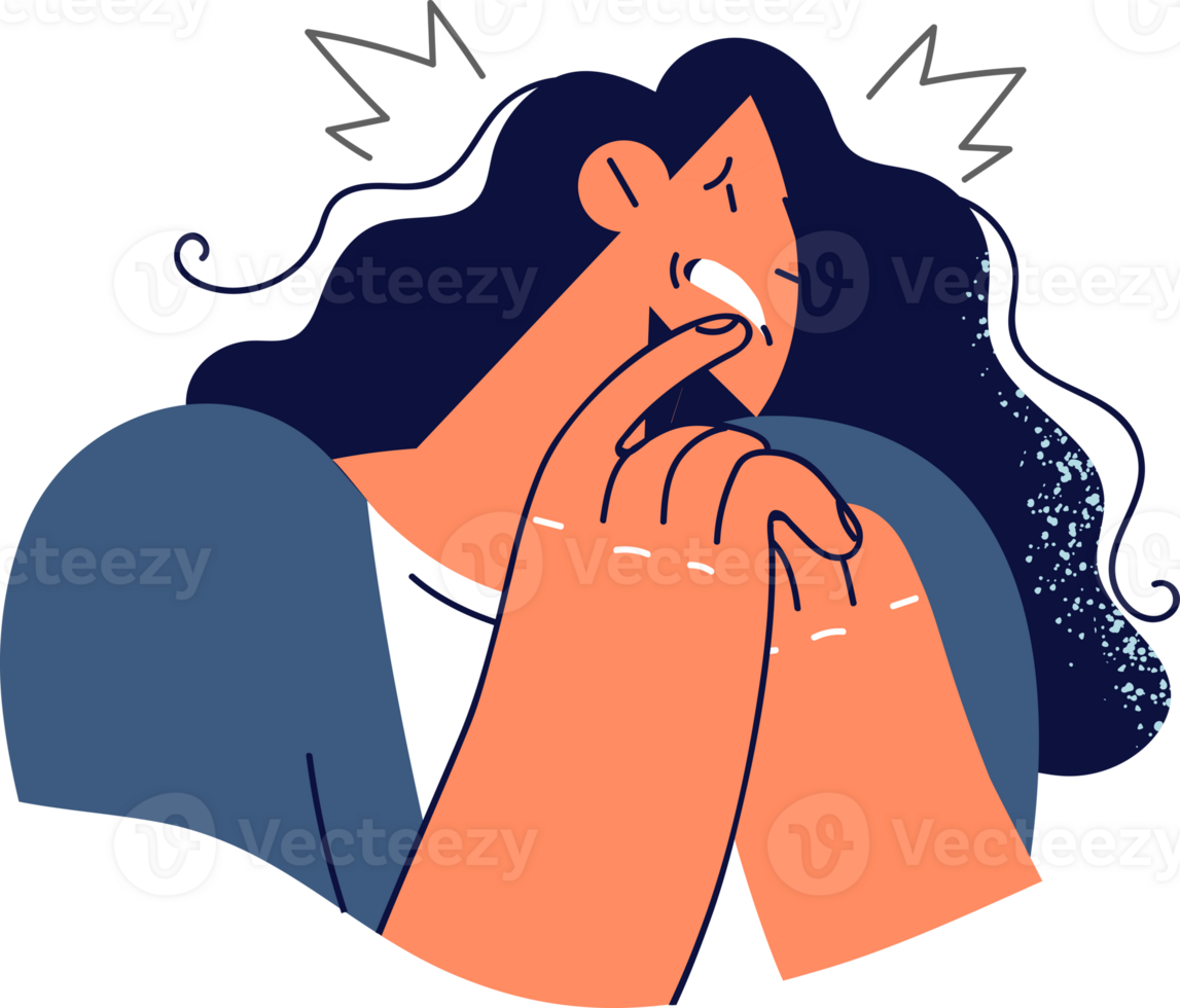 Frightened woman biting nails experiencing panic attack due to threats from criminal or blackmail. Frightened girl who found out about approach financial crisis is afraid of dismissal and bankruptcy png