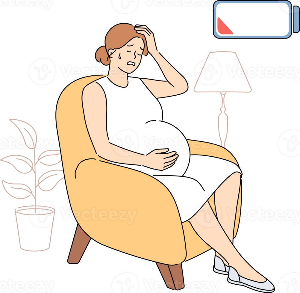 Pregnant woman feels beginning of contractions and end of strength, sitting in home chair waiting for aid. Pregnant girl sweats or cries due to hypersensitivity and difficult upcoming births png