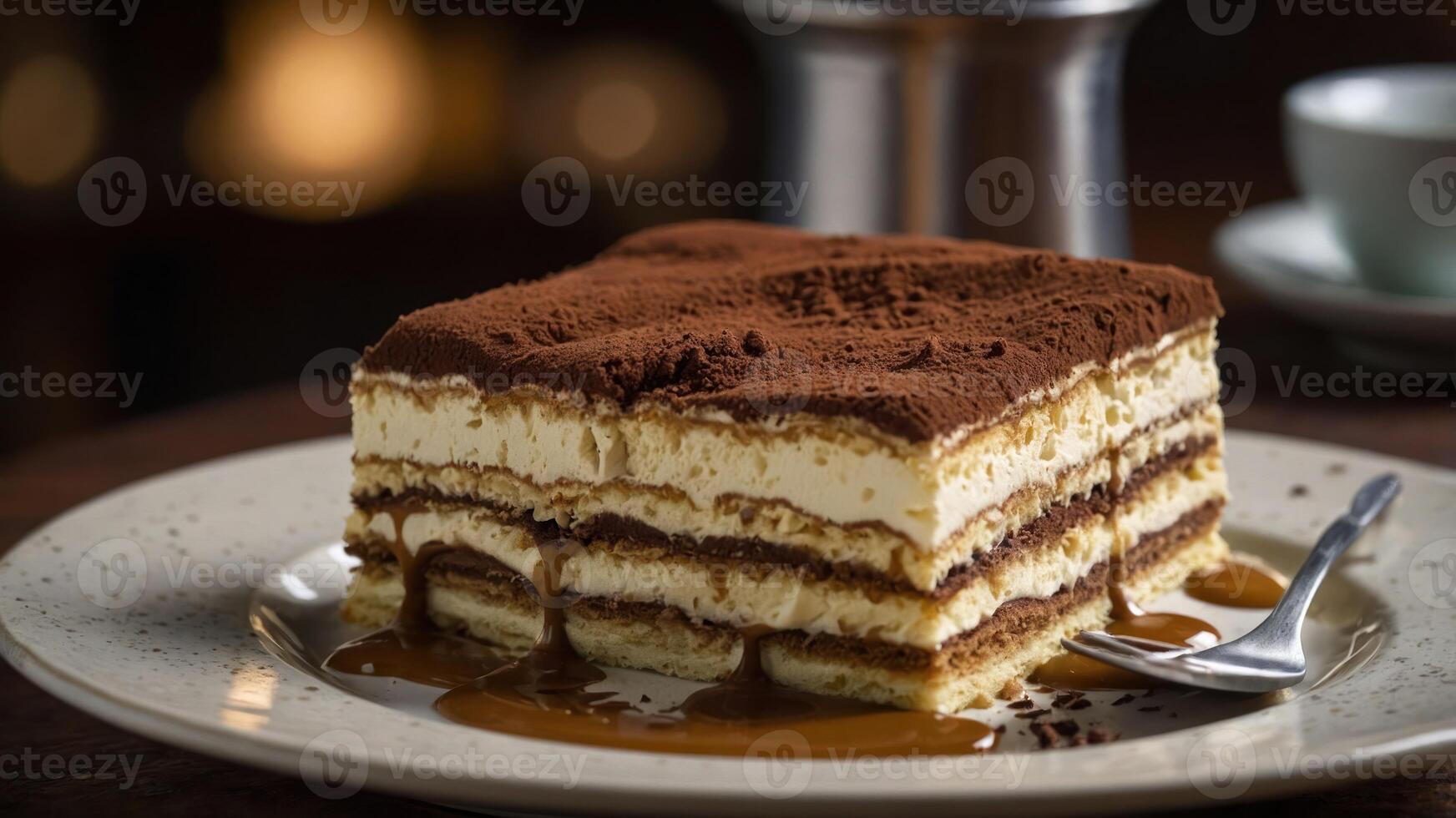 A delicious slice of tiramisu served on a plate with a fork and caramel drizzle. photo
