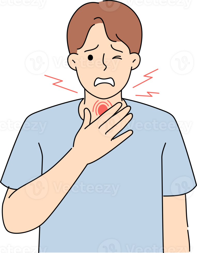 Sore throat in man infected with dangerous infection, causing coughing and destruction of immune system. Poor guy with sore throat needs antibiotics to fight virus and relieve discomfort png