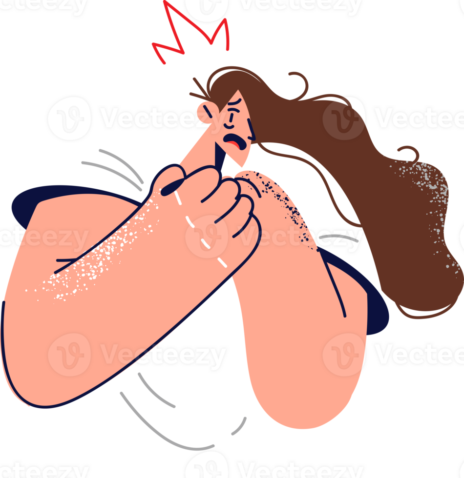 Frightened woman in panic presses hands to chest having made mistake or learned about approach danger. Defenseless frightened girl needs help and protection due to cowardice and inability to resist. png