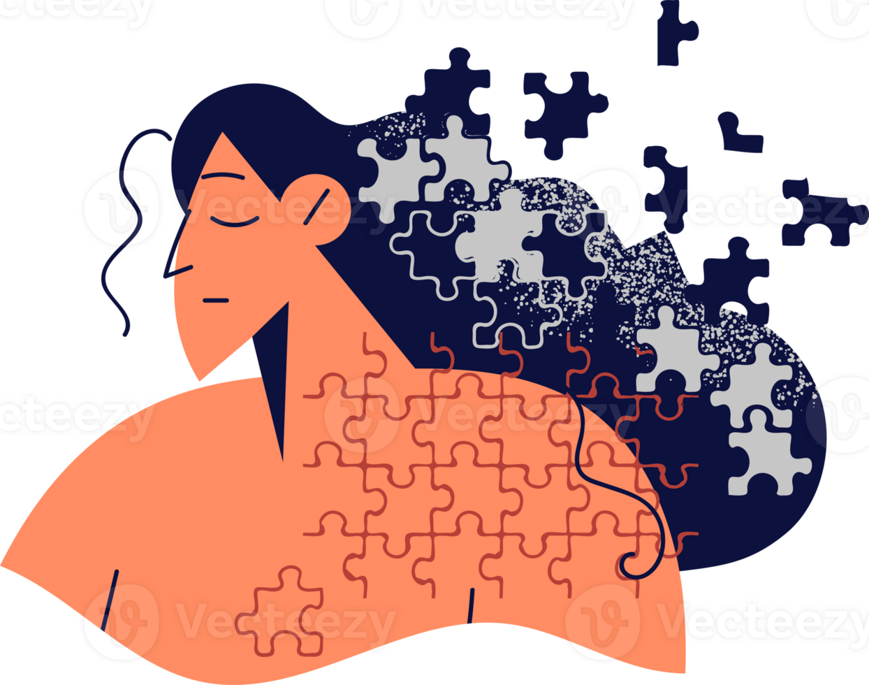 Frustrated woman with body and hair made of flying puzzles symbolizes depression and personality-destroying stress. Frustrated girl needs help of psychologist to solve mental problems png