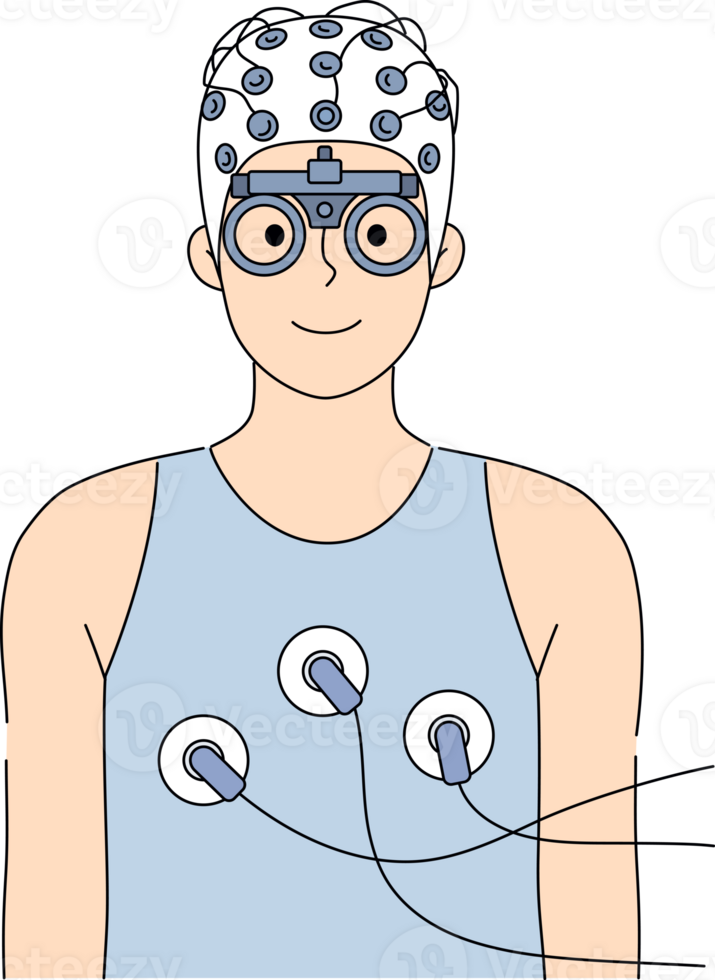 Health diagnostics for man connected to sensors of medical equipment for heart card and brain ecg. Guy undergoes routine diagnostics for early detection of dangerous diseases and preventive treatment png