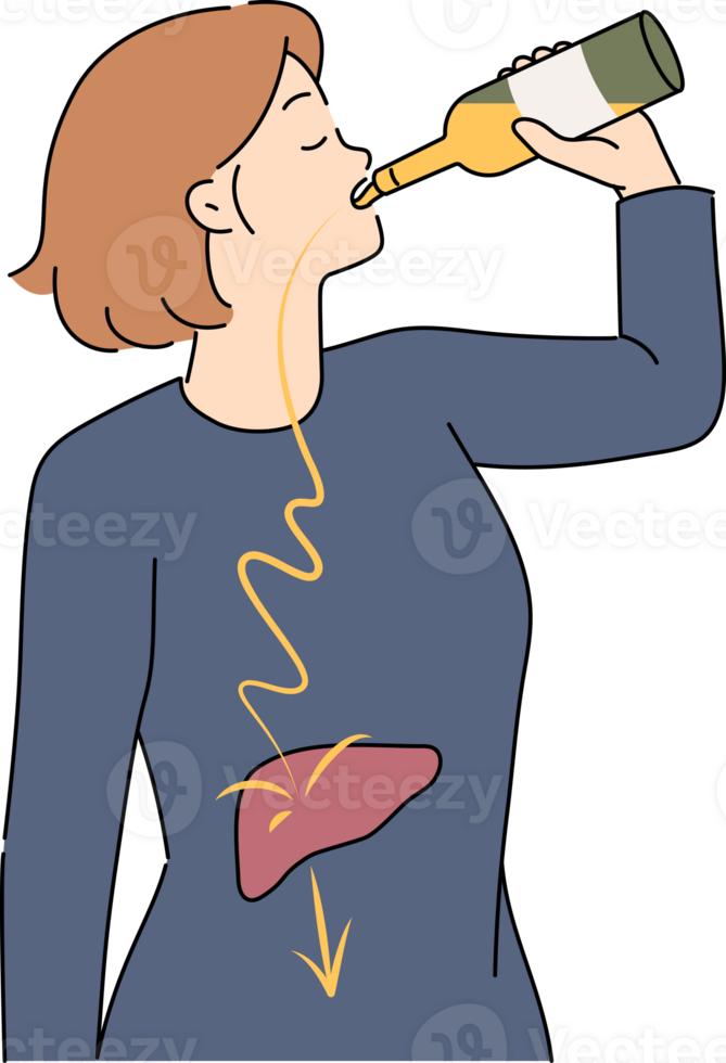 Problem of female alcoholism is girl who drinks beer, which destroys liver and is harmful to health. Concept of female alcoholism caused by monochhich and lack of stable source of income png