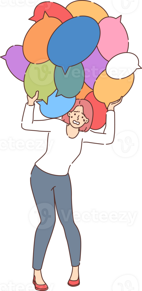 Information overload in woman holding many conversation bubbles above head. Problem of information overload in girl and importance of detoxification from negative news that causes depression png