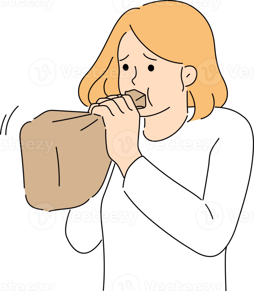 Hyperventilation syndrome in woman breathing into paper bag while trying to stop panic attack. Problem of pulmonary hyperventilation in frightened teenage girl who is afraid of air travel png