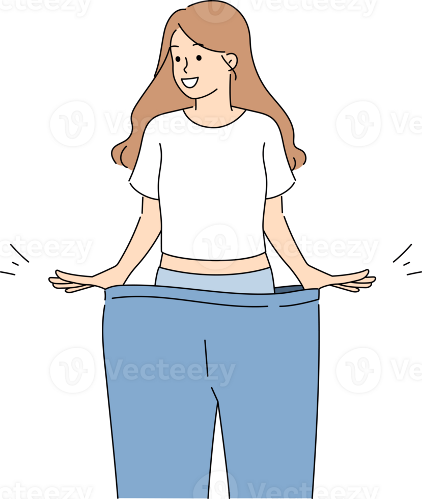 Happy woman lost weight smiles while trying on large size pants and rejoices at progress. Thin lady got rid of waist fat and cellulite thanks to successful diet or fitness training png
