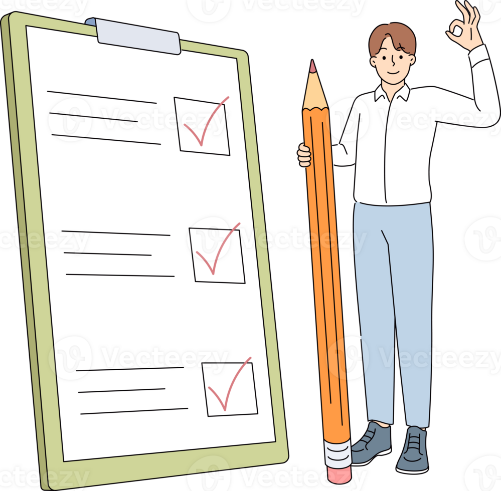 List for task management and giant pencil next to man ticking checkboxes on sheet of paper. Task management is used by office manager to increase productivity and increase chances of success png