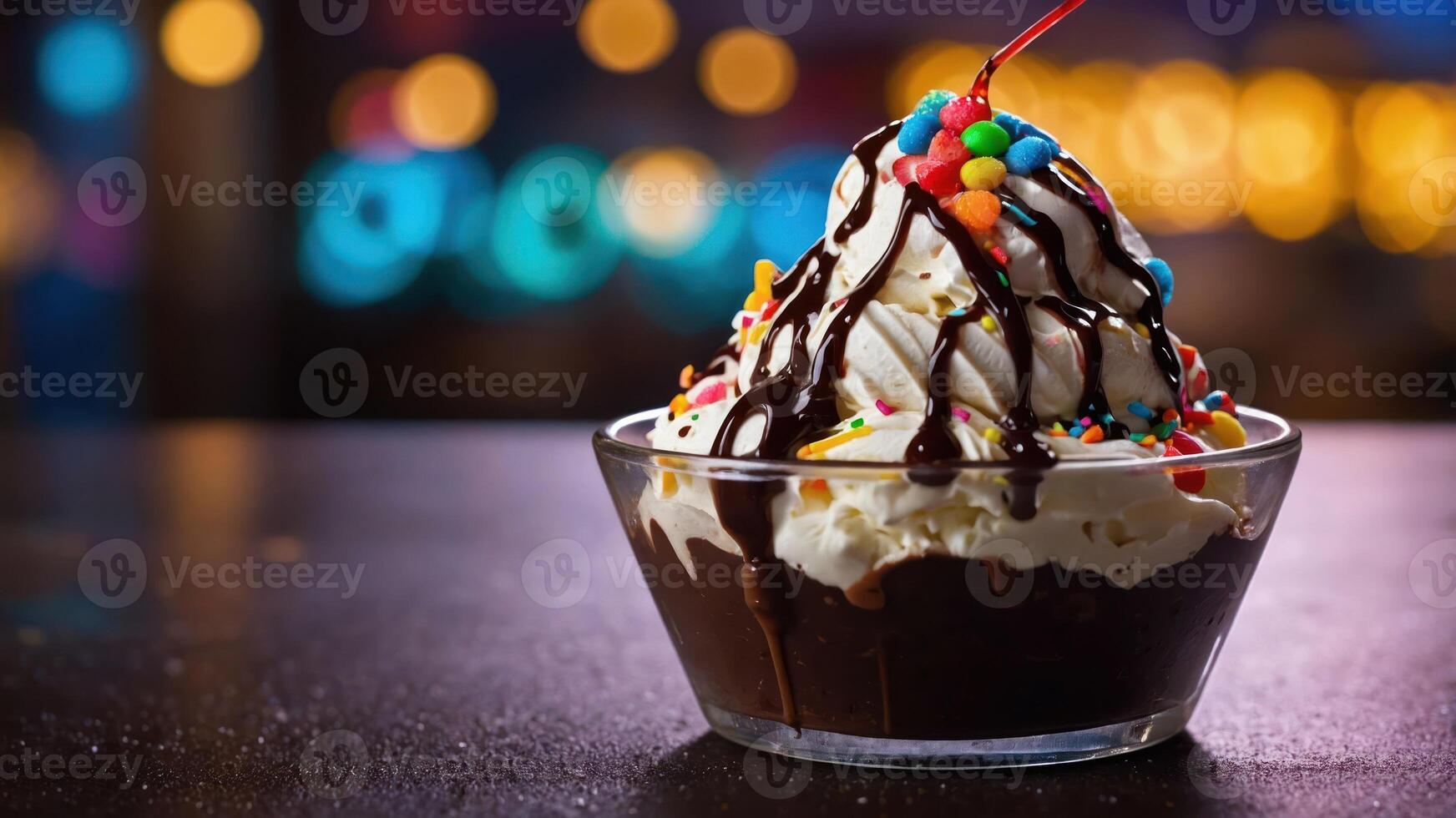 A delicious ice cream sundae topped with chocolate sauce, whipped cream, and a cherry. photo