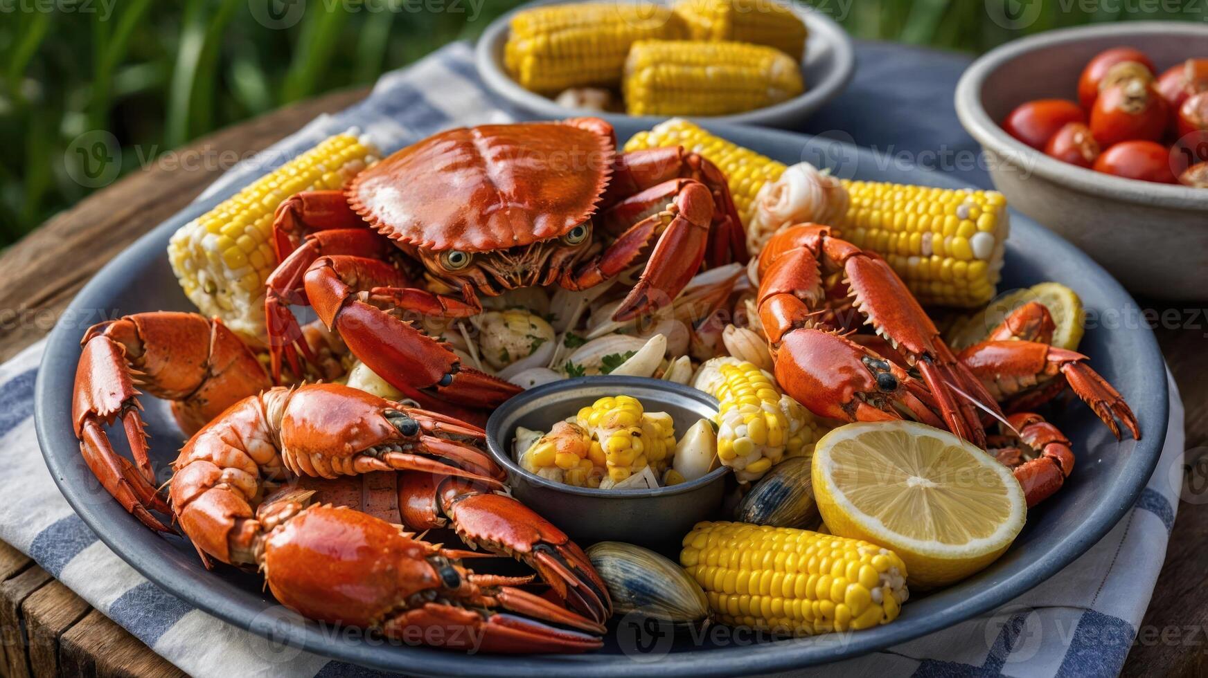 A vibrant seafood platter featuring crab, shrimp, corn, and lemon, perfect for a summer feast. photo