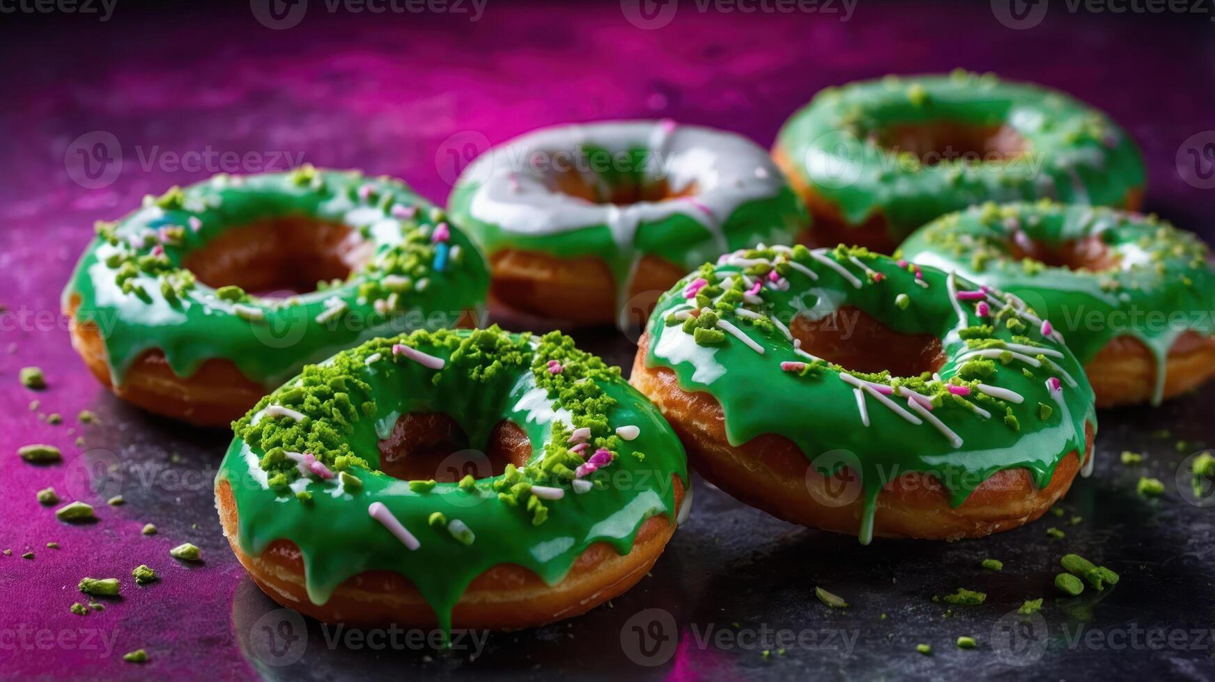 Colorful green-glazed donuts with sprinkles, arranged artistically on a vibrant background. photo