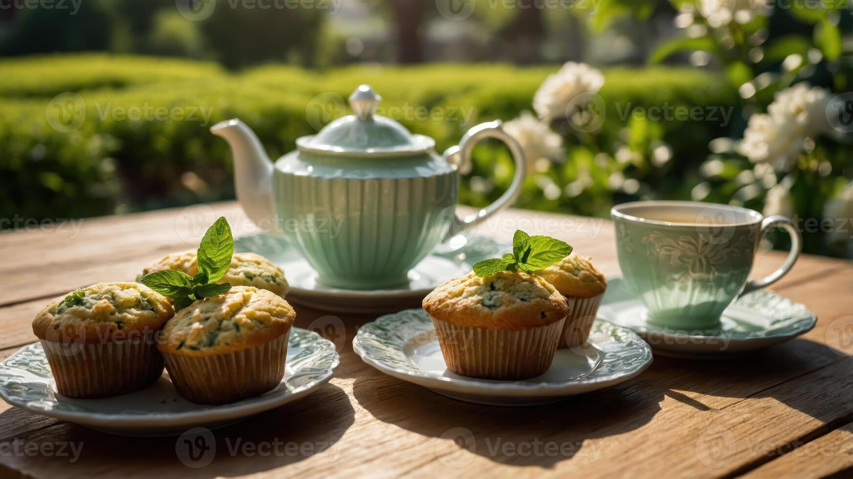A serene tea setting with muffins and a teapot, perfect for a relaxing afternoon. photo