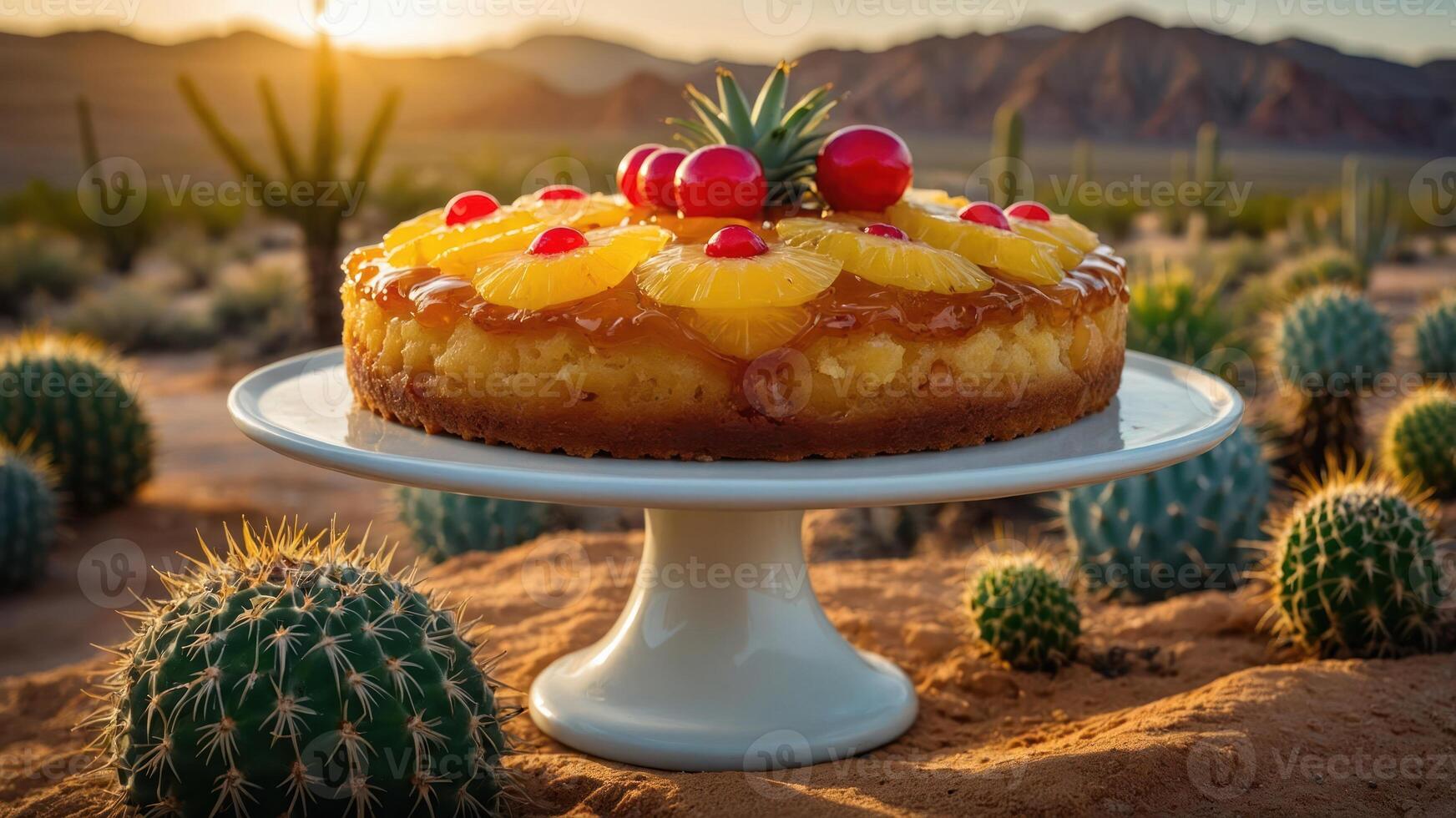 A vibrant pineapple upside-down cake garnished with cherries, set against a desert landscape. photo