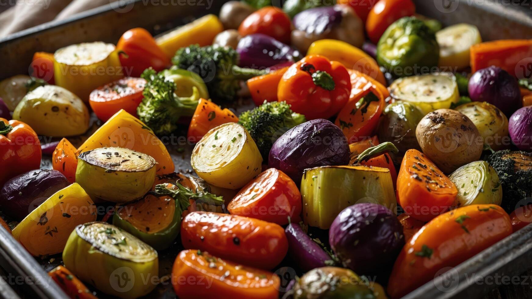 A colorful assortment of roasted vegetables on a baking tray, ready for serving. photo