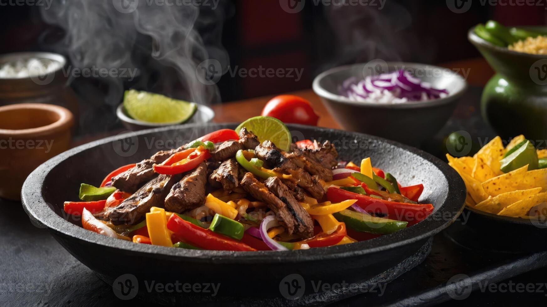A sizzling platter of fajitas with colorful peppers, onions, and garnishes. photo
