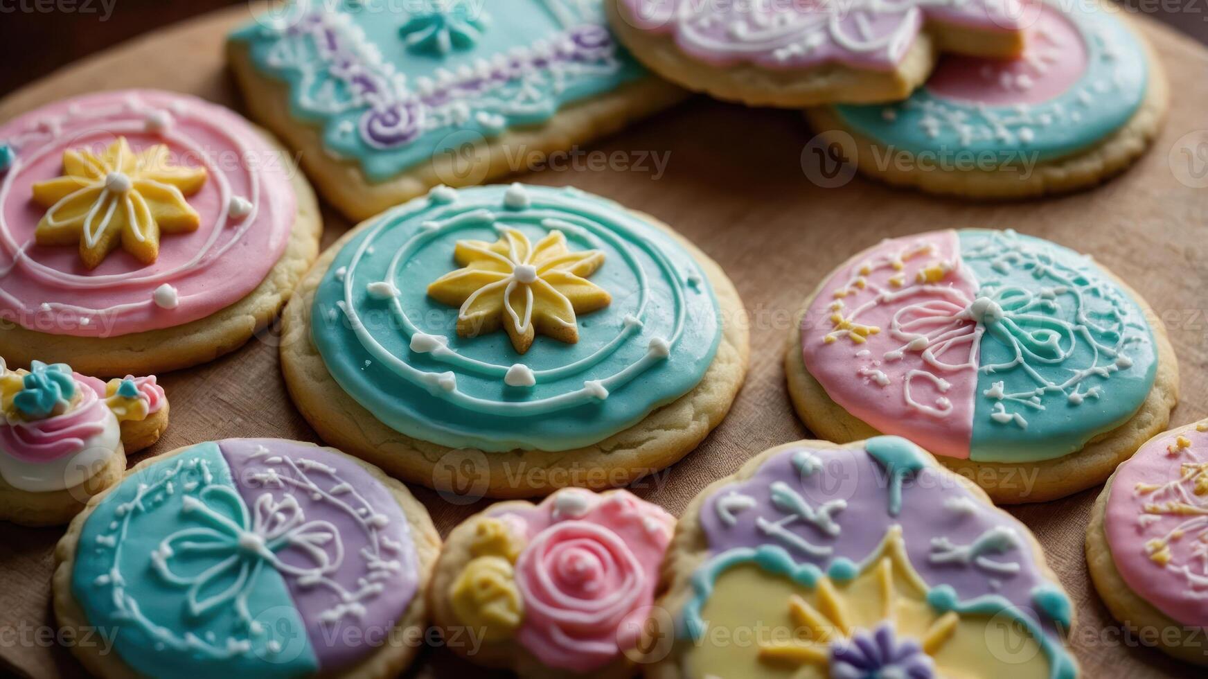 Colorful decorated cookies arranged on a wooden surface, showcasing intricate designs. photo