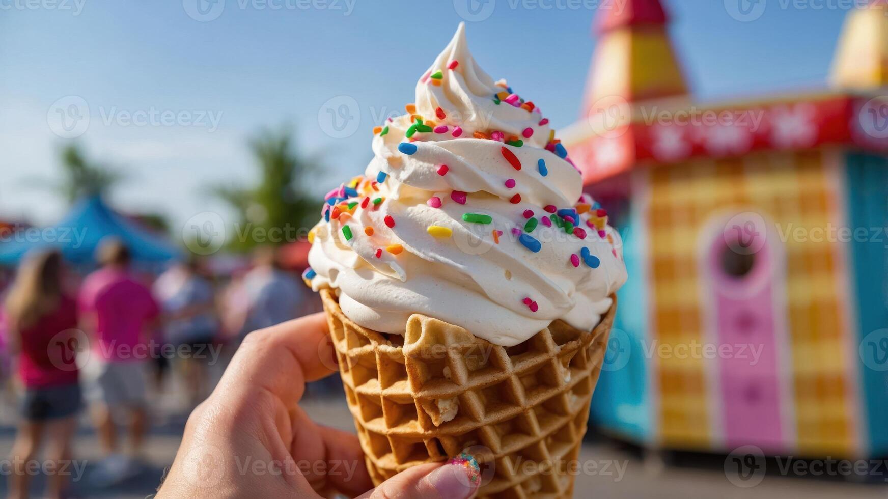 A hand holding a large ice cream cone topped with whipped cream and colorful sprinkles. photo
