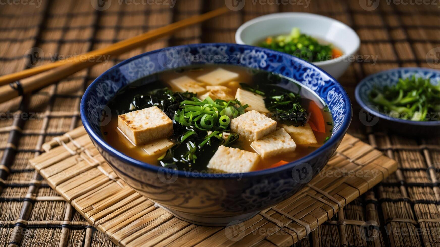 A bowl of soup featuring tofu, leafy greens, and vegetables, served with side garnishes. photo