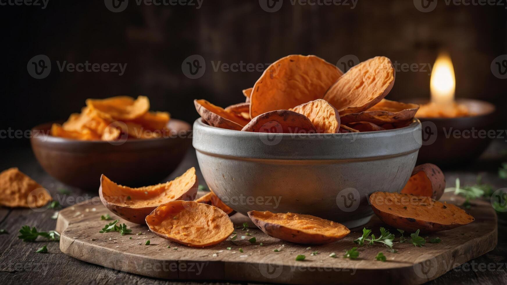 A bowl of sweet potato chips surrounded by additional chips and garnished with herbs. photo