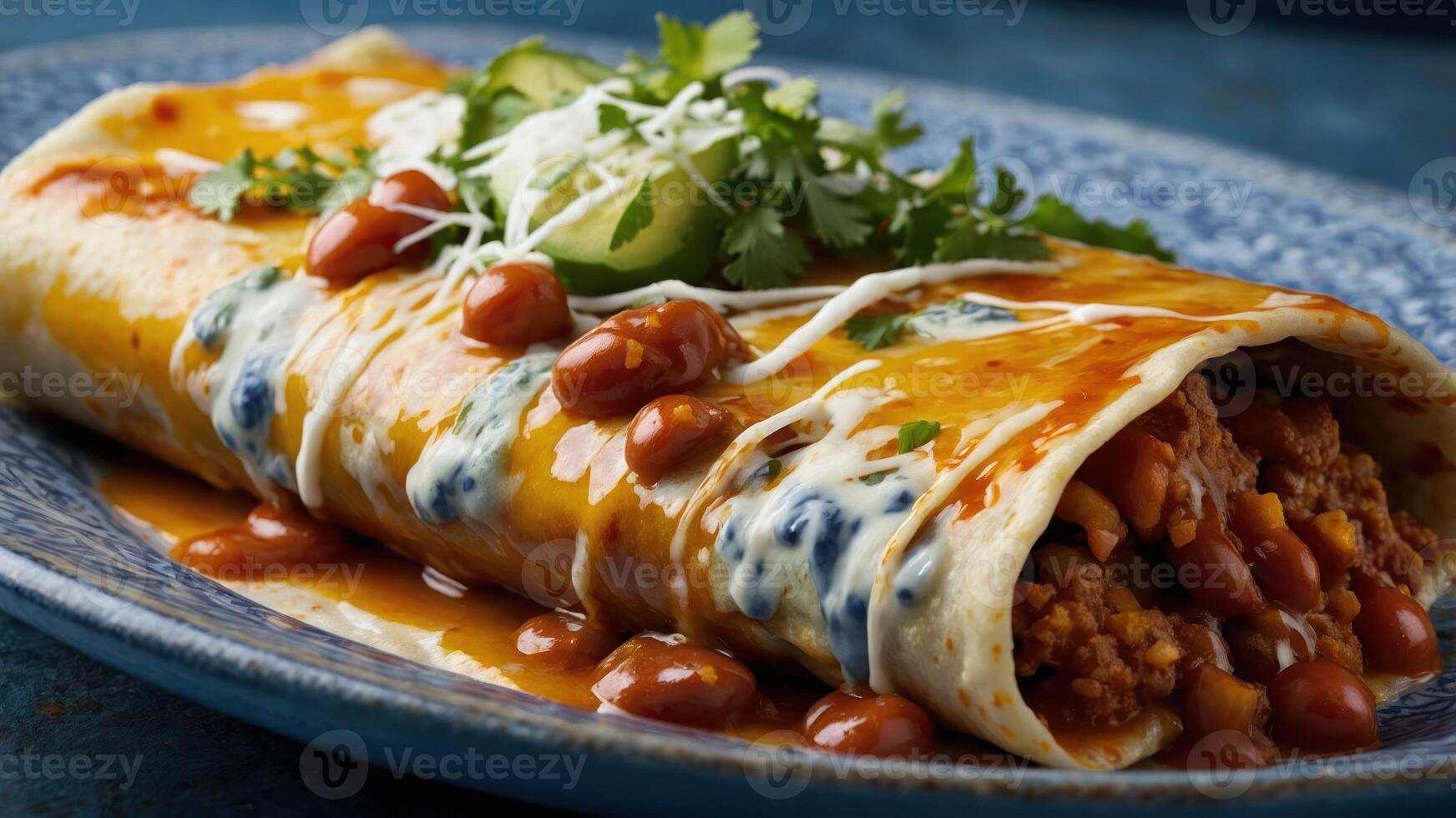 A delicious burrito topped with sauce, beans, and fresh herbs on a blue plate. photo