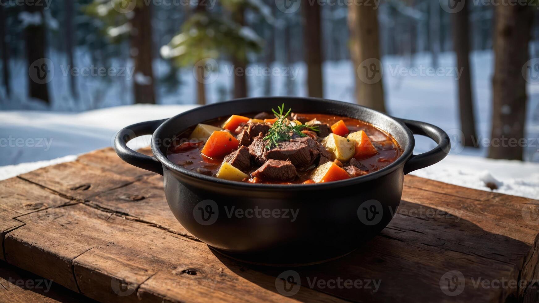 A hearty beef stew with vegetables in a black pot, set in a snowy forest. photo