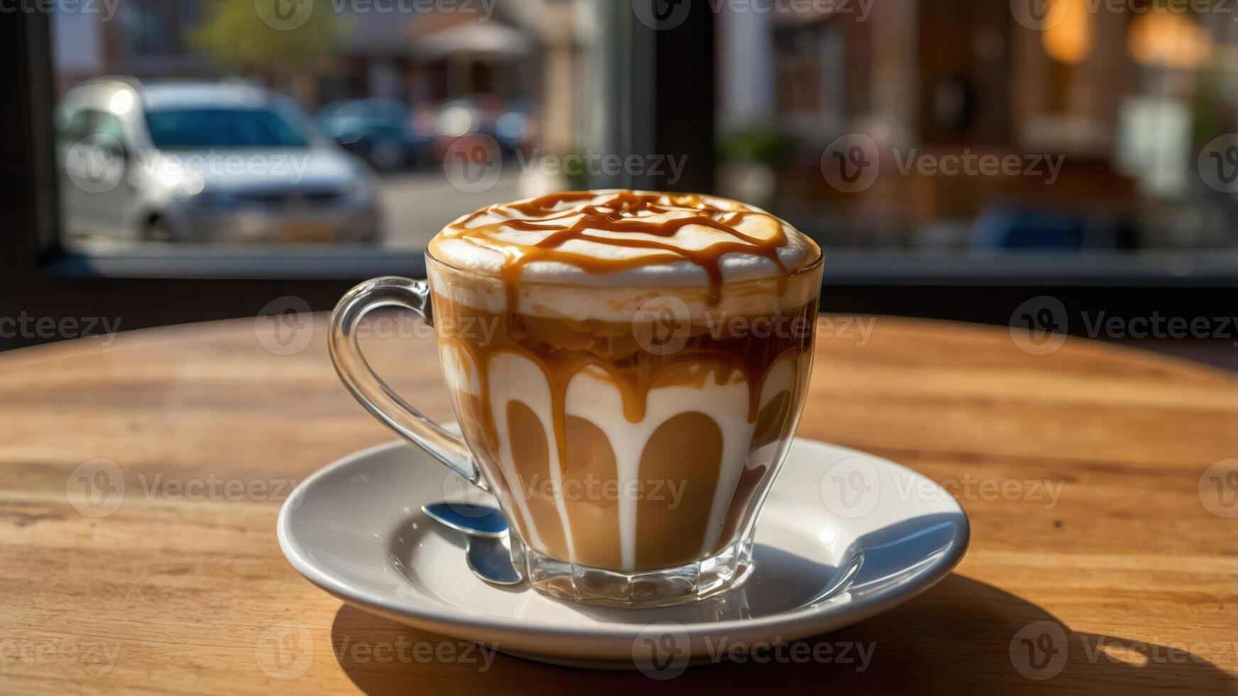 A delicious coffee drink topped with caramel, served in a clear glass on a wooden table. photo