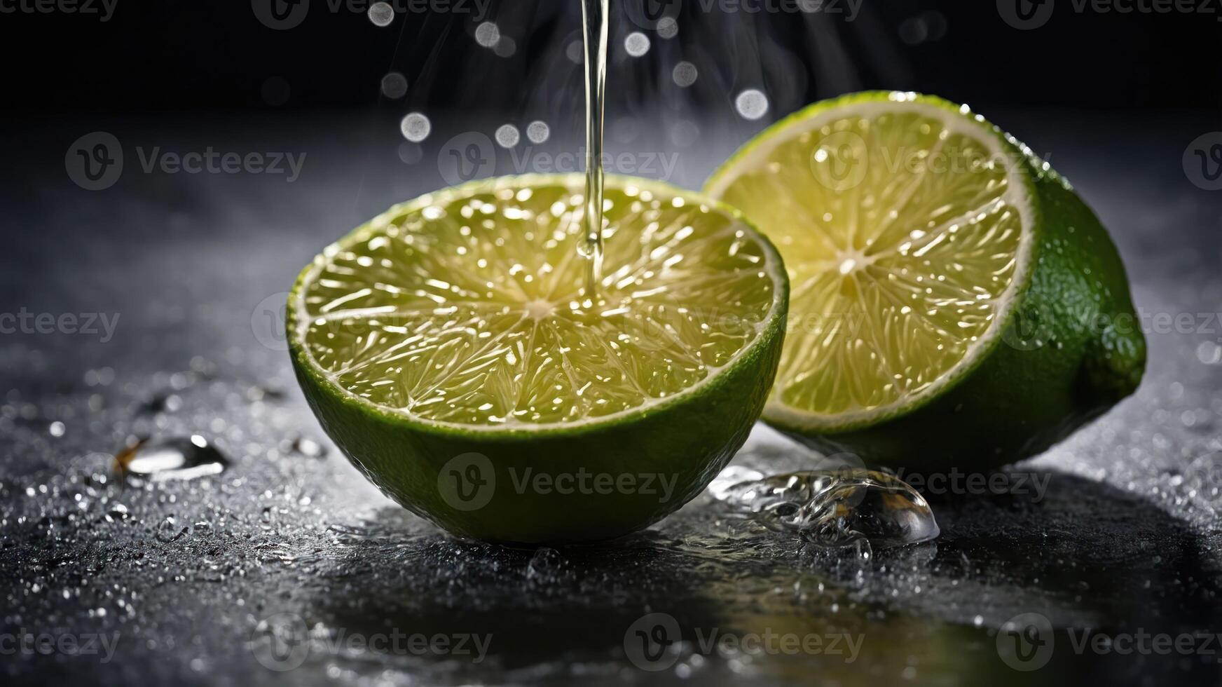 A close-up of halved limes with juice splashing on a dark surface. photo