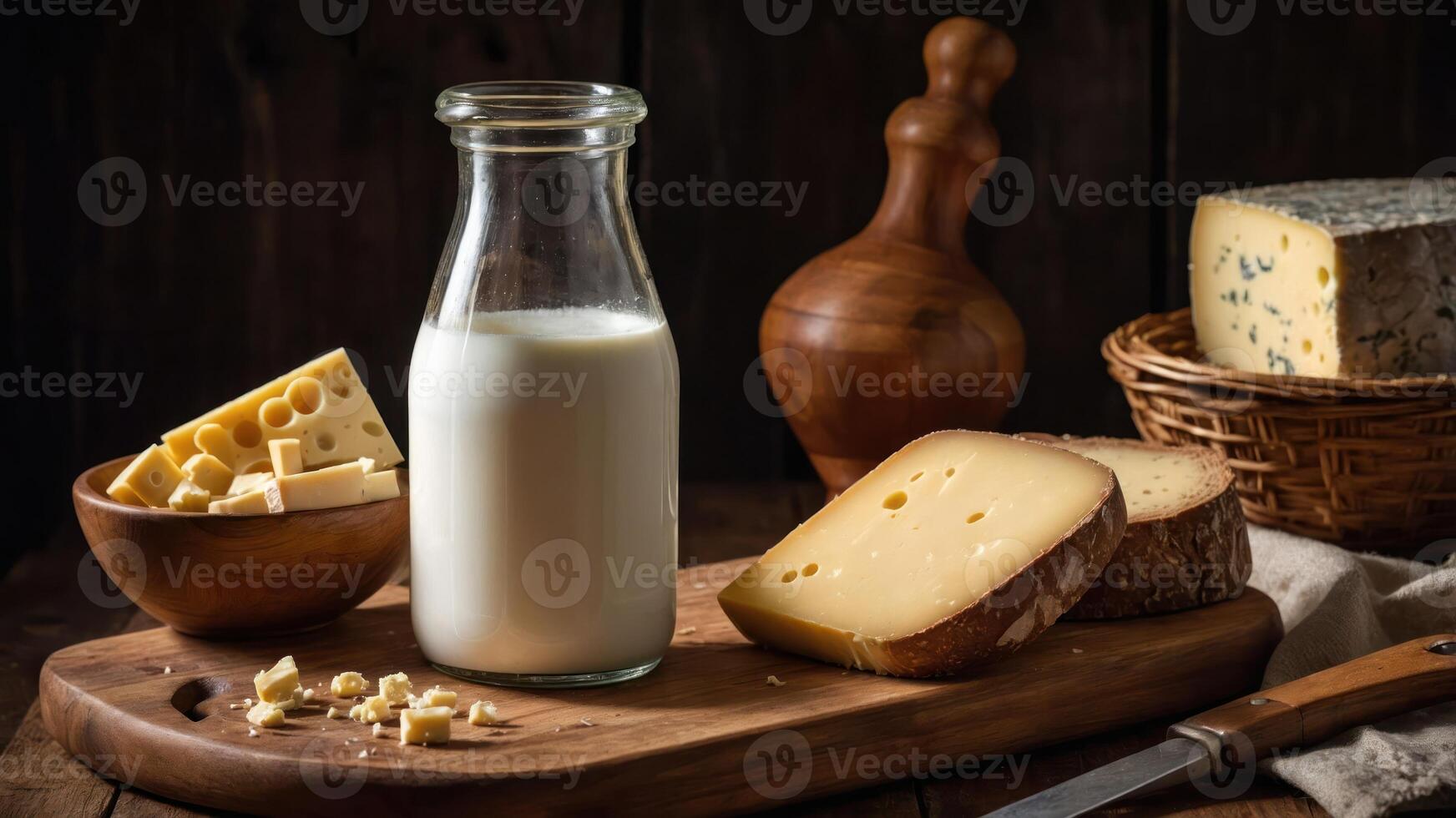 A rustic display of dairy products, including milk, cheese, and bread on a wooden table. photo