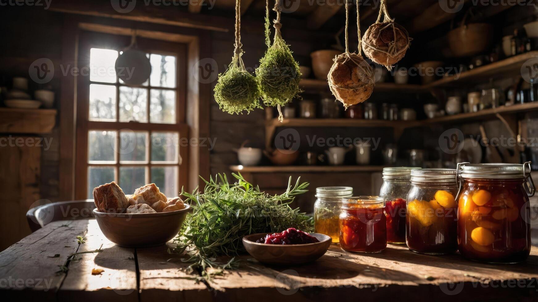A rustic kitchen scene with preserved foods, herbs, and natural light. photo