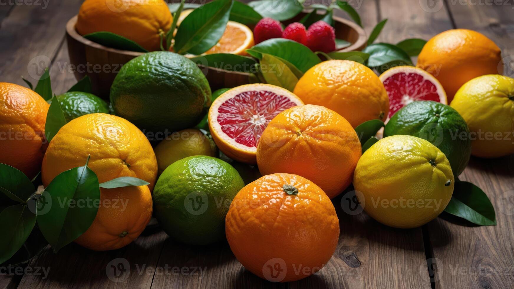A vibrant assortment of citrus fruits arranged with leaves, showcasing freshness and color. photo
