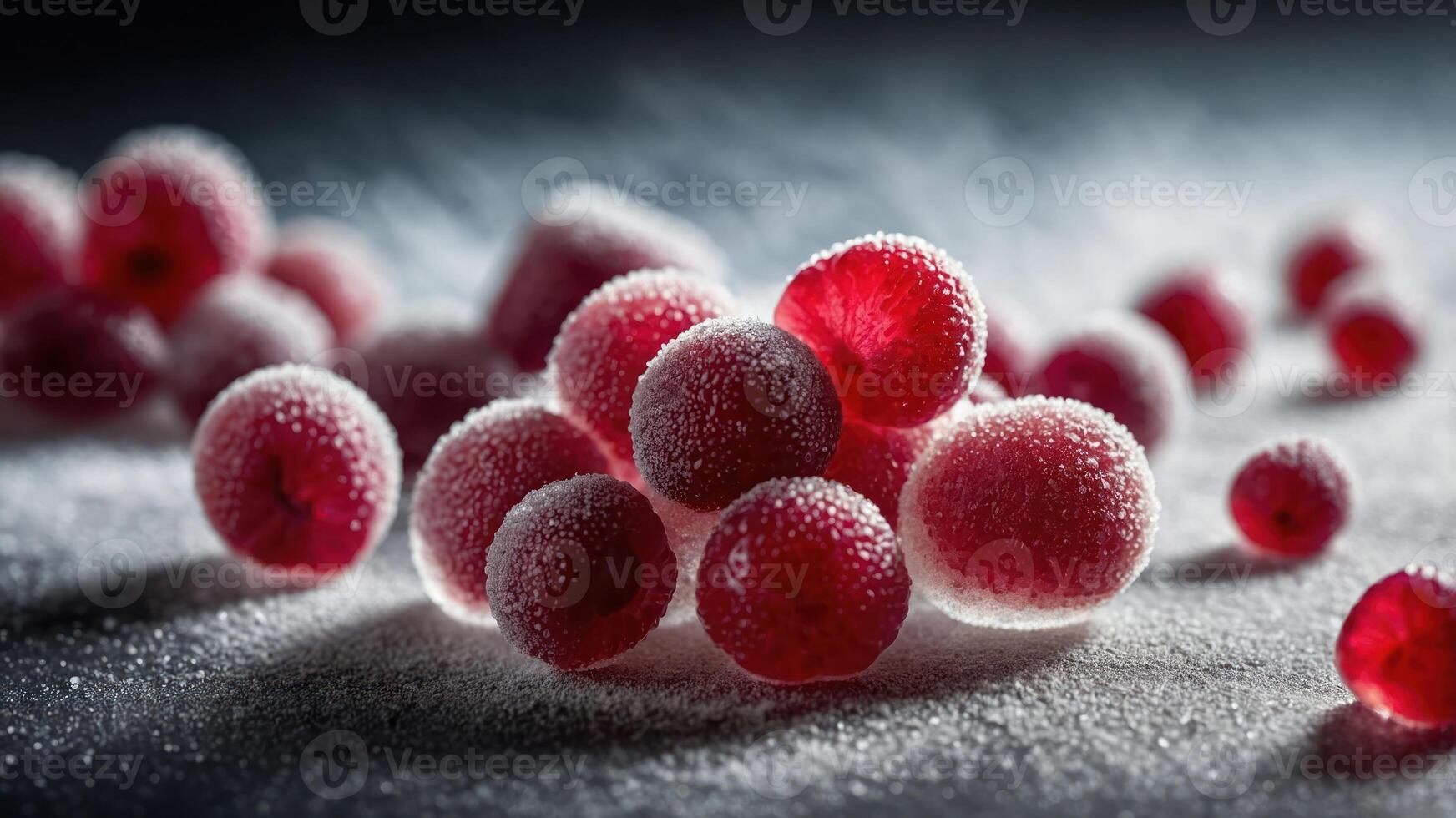 A close-up of frozen raspberries dusted with sugar, showcasing their vibrant color and texture. photo