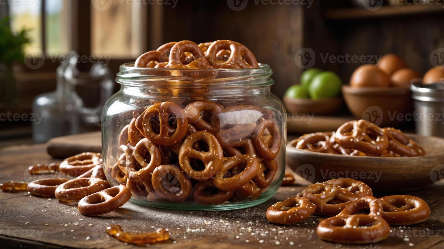A jar filled with pretzels surrounded by scattered pretzels on a rustic wooden table. photo