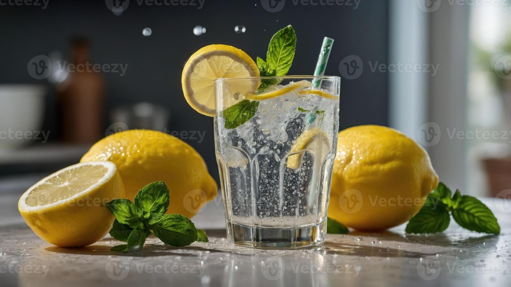 A refreshing lemonade drink with lemon slices and mint leaves. photo