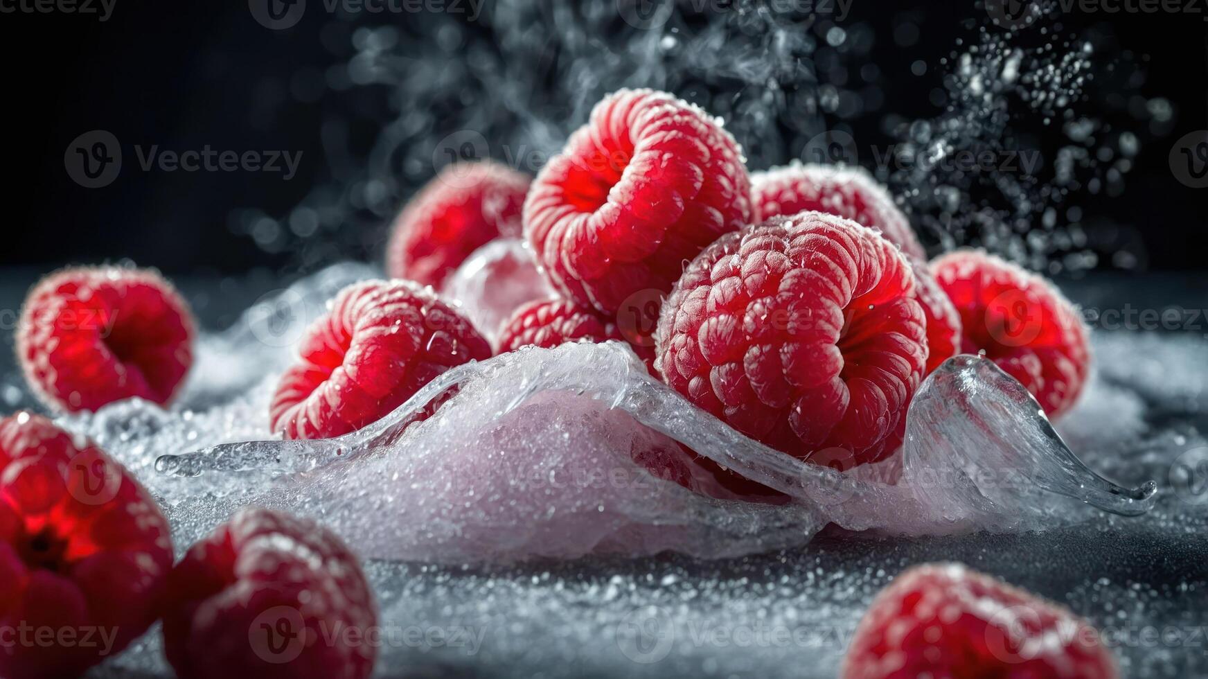 A close-up of fresh raspberries splashing on ice, highlighting their vibrant color and texture. photo