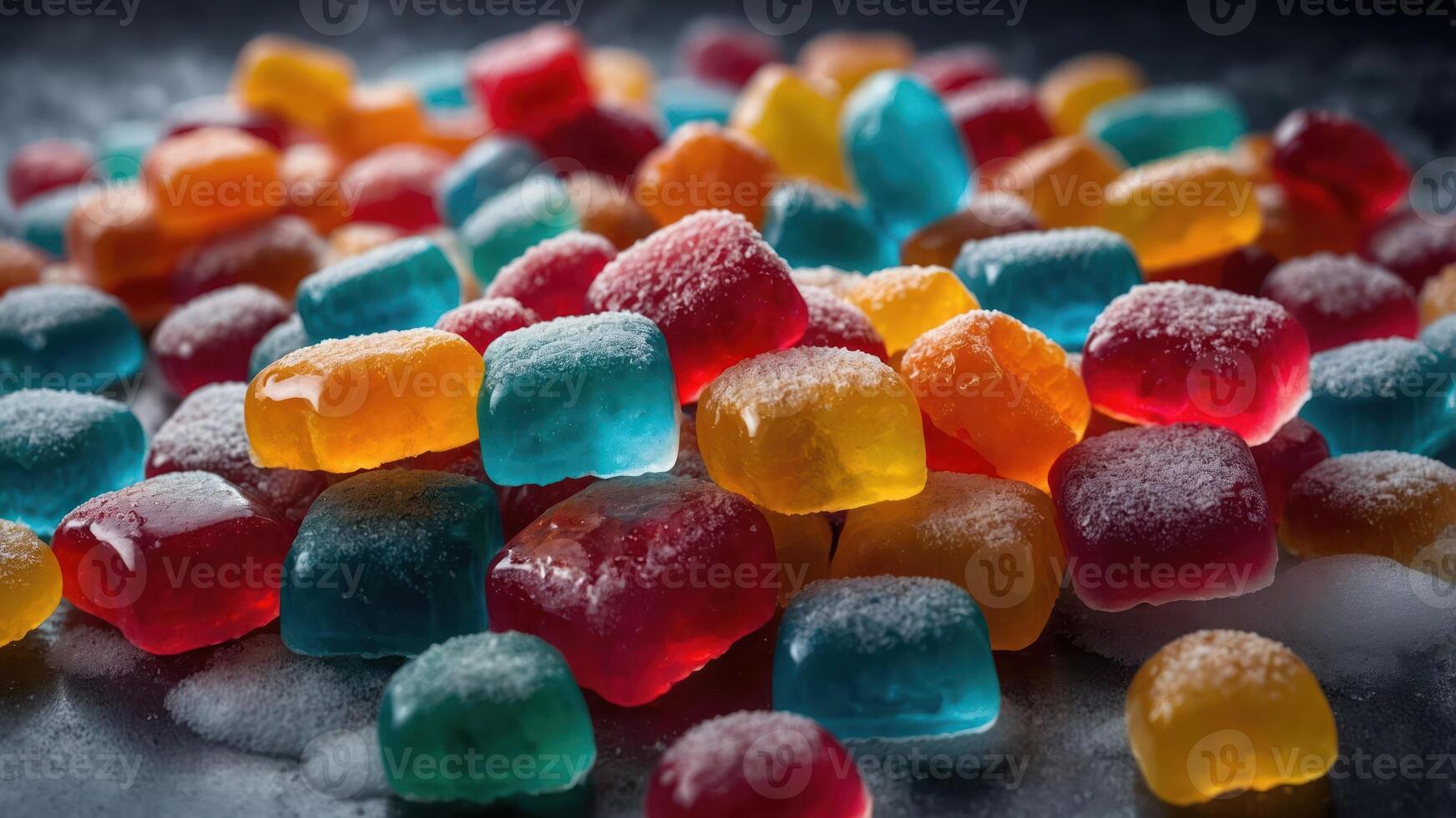 A colorful assortment of gummy candies scattered on a surface, showcasing vibrant hues. photo