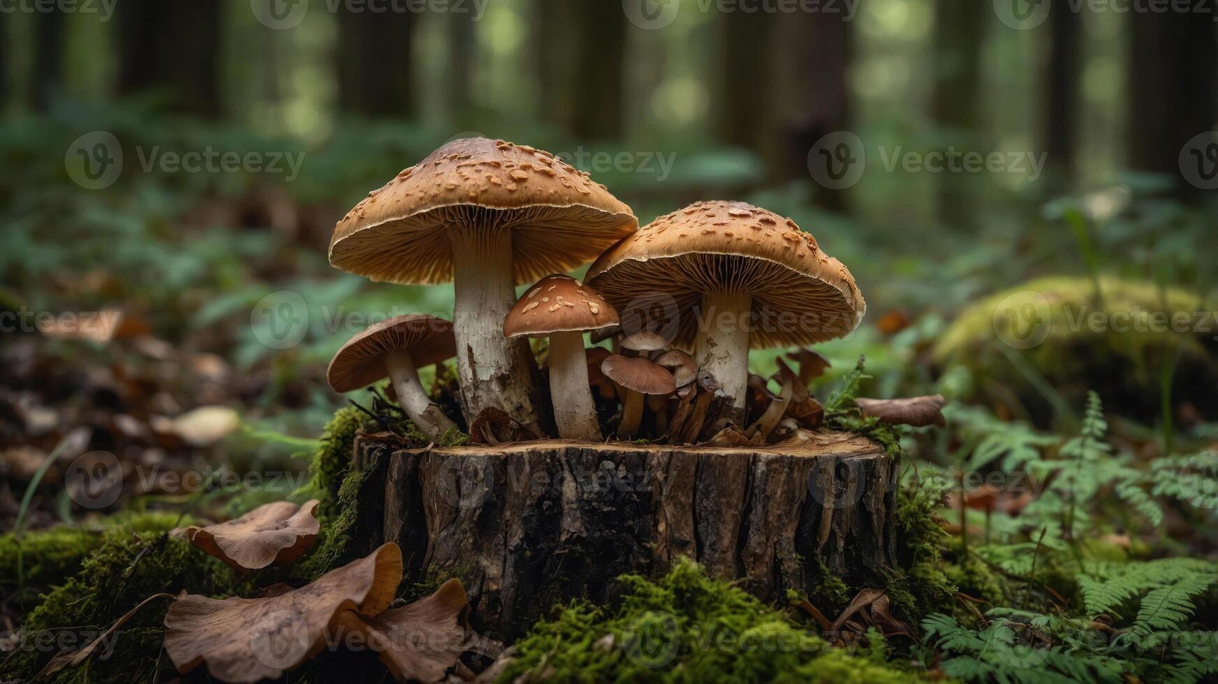 A cluster of mushrooms growing on a tree stump in a serene forest setting. photo