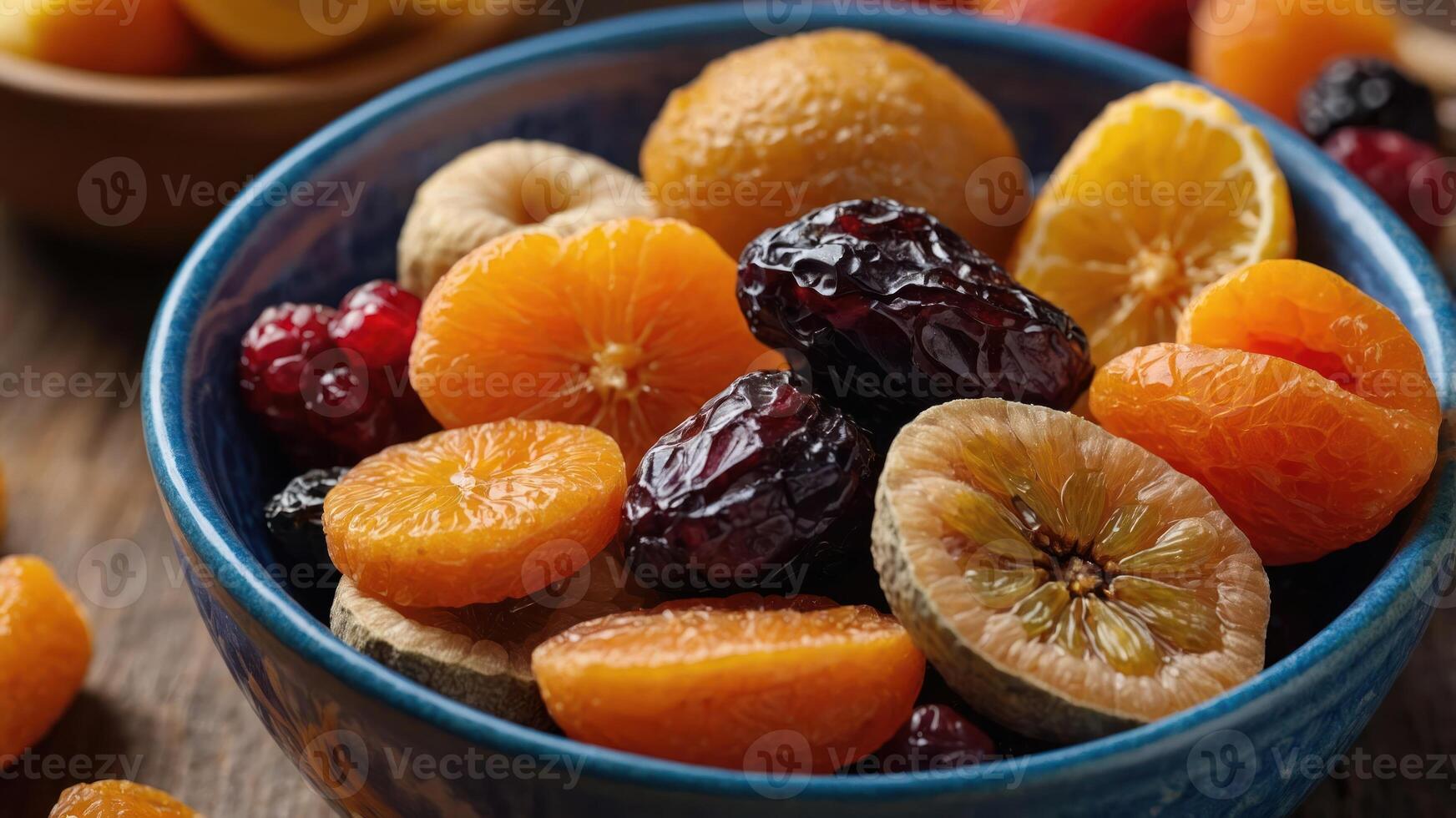 A vibrant bowl of assorted dried and fresh fruits, showcasing colorful textures and shapes. photo