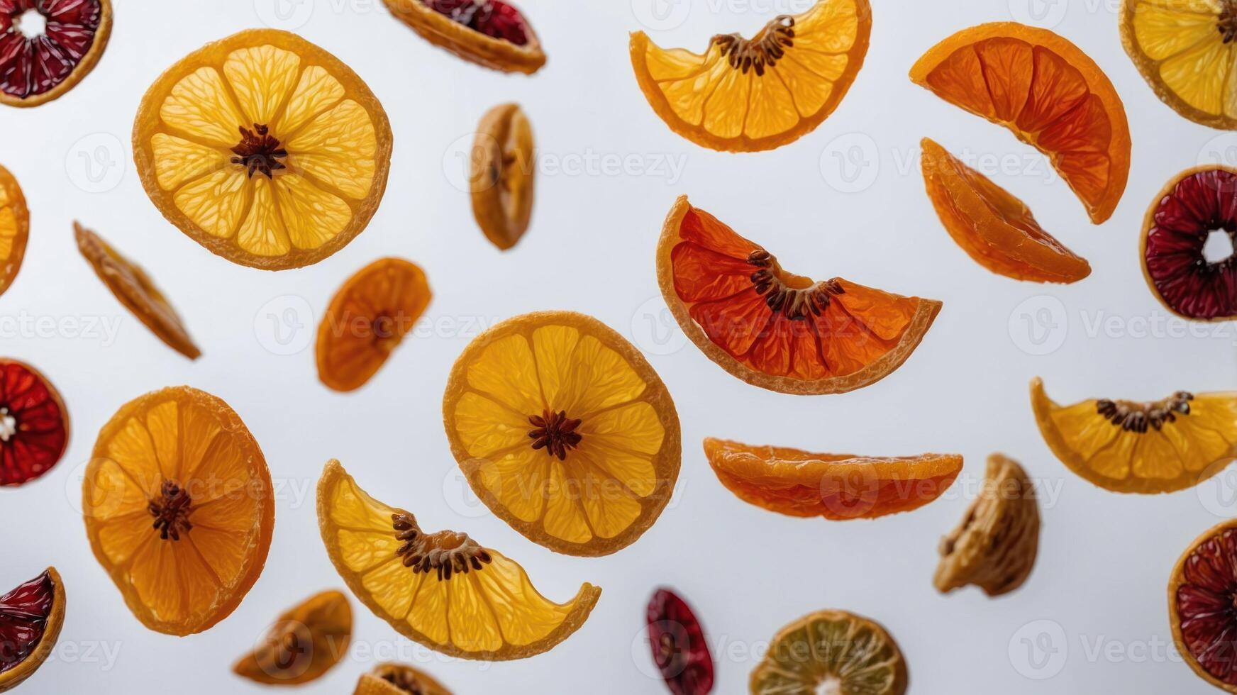 A vibrant display of various dried citrus fruits floating against a light background. photo