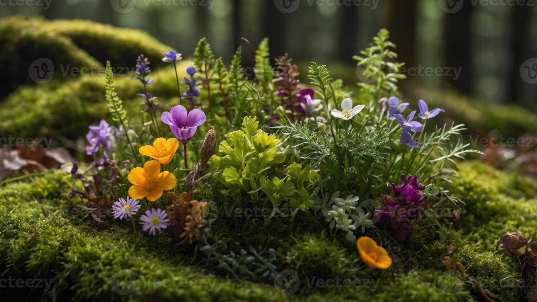 A vibrant cluster of wildflowers thriving on moss in a serene forest setting. photo