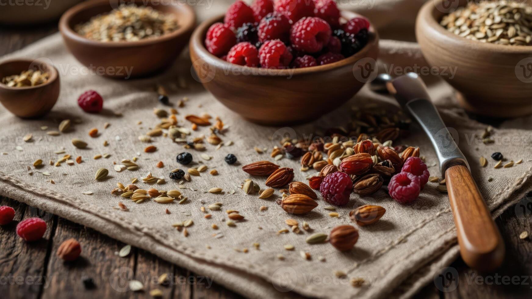 A rustic arrangement of raspberries and nuts in wooden bowls on a textured cloth. photo