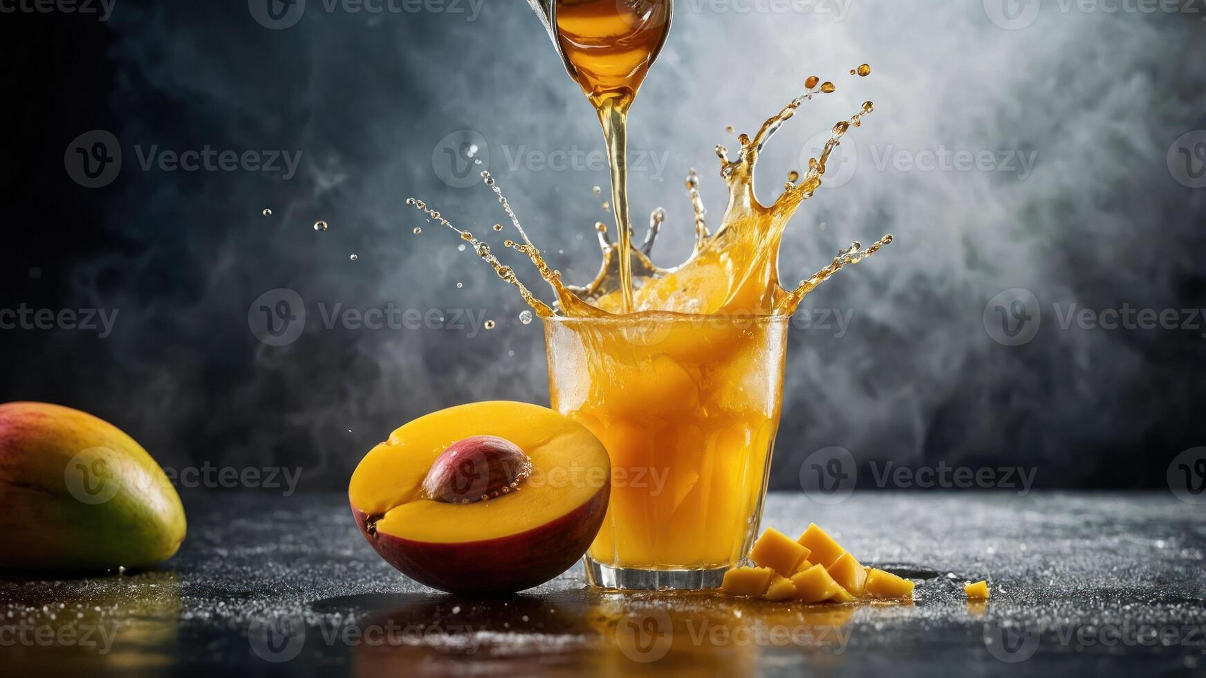 A splash of mango juice in a glass with fresh mango slices beside it. photo