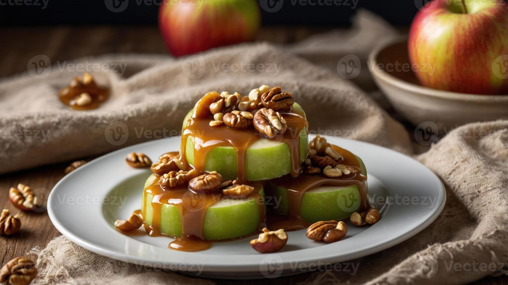 Sliced green apples topped with caramel and nuts, presented on a plate. photo