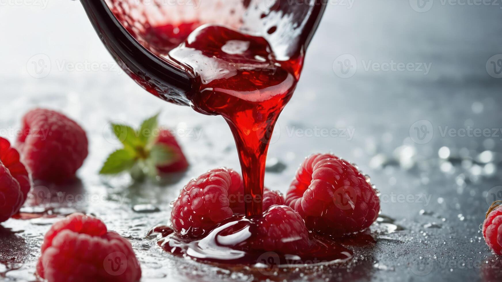 A vibrant raspberry sauce is being poured over fresh raspberries on a reflective surface. photo