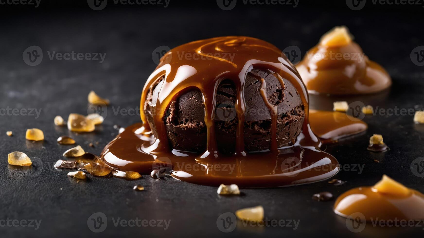 A decadent chocolate dessert drizzled with caramel sauce, showcasing indulgence and sweetness. photo