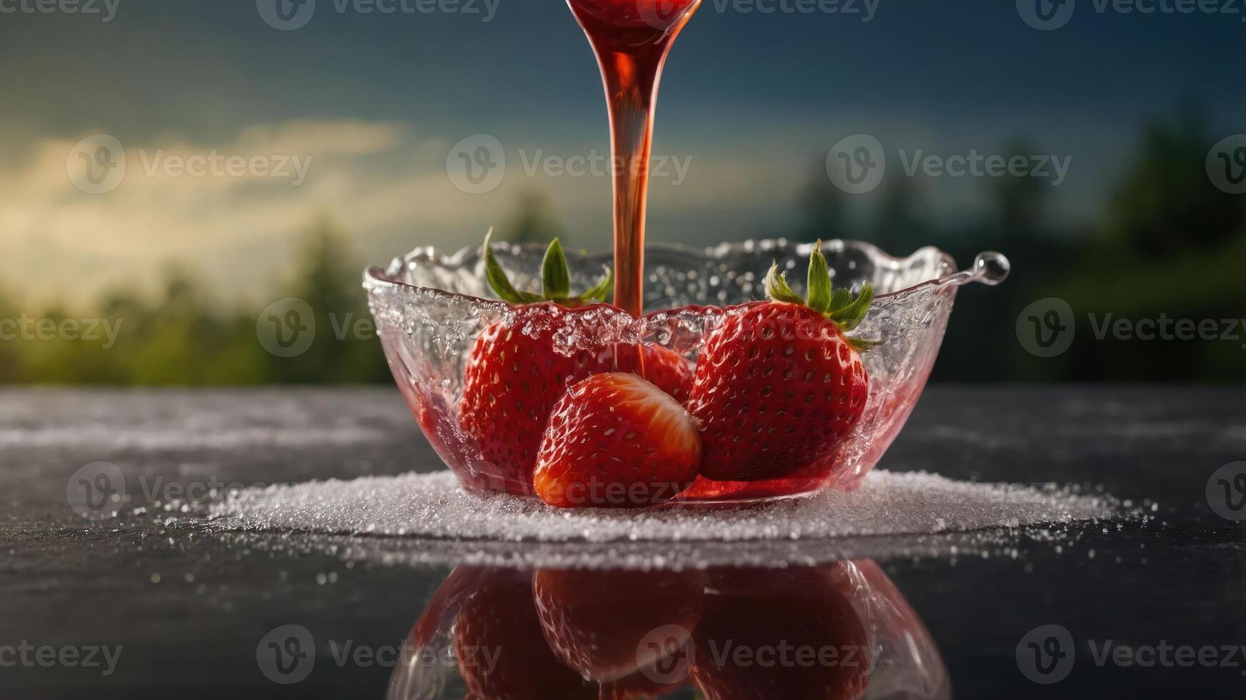 Fresh strawberries in a glass bowl with syrup pouring over them on a reflective surface. photo